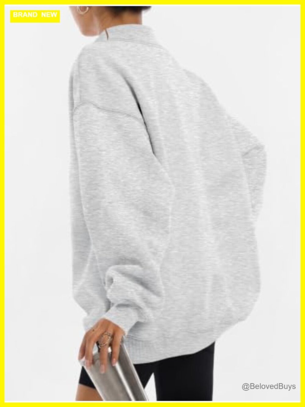 Mock Neck Oversized Sweatshirt with Pockets Cotton Polyester Fleece Pullover - Picture 3 of 6